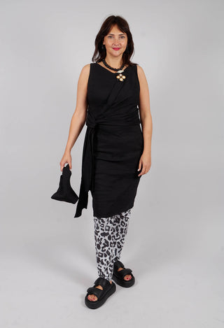 Sleeveless Ruched Dress with Tie Belt in Efesto Nero