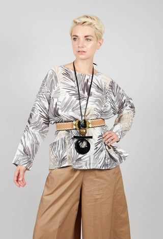 Printed Linen Button Back Top in Grey