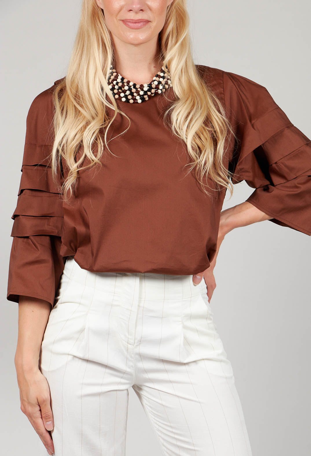 3/4 Pleated Sleeved Top in Cuoio
