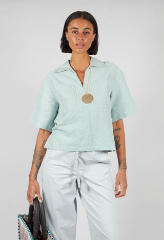 Linen Blouse with Large Pockets in Sky
