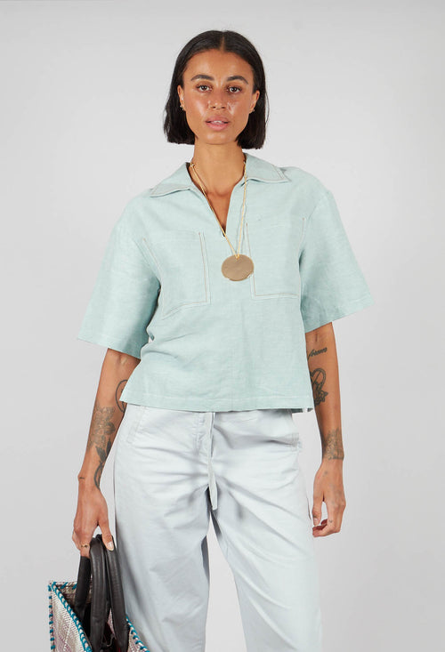 Linen Blouse with Large Pockets in Sky