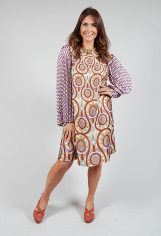 Printed Shift Dress in Beige/Malva