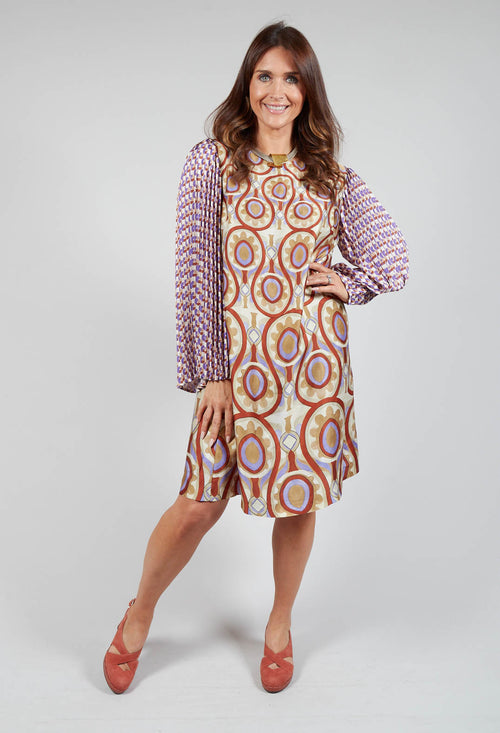 Printed Shift Dress in Beige/Malva