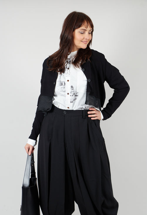 Cropped Style Cardigan with Net Trim in Black