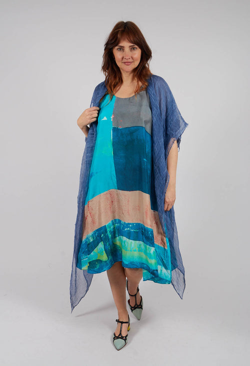 Racer Back Silk Dress with Bold Blue Print