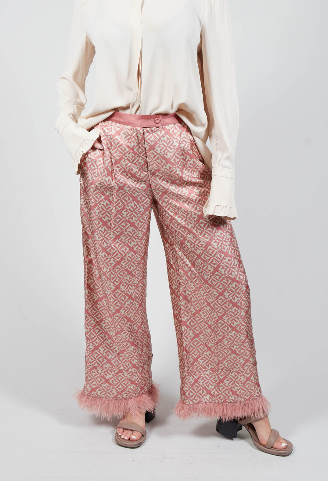 Silk Twill Trousers in Pink Geometric Print