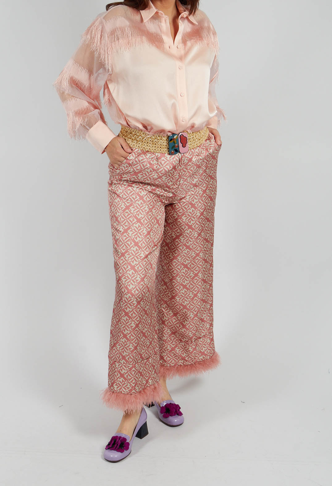 Silk Twill Trousers in Pink Geometric Print