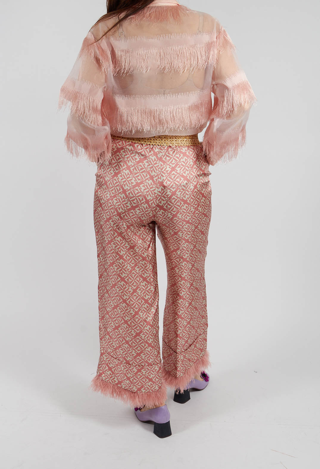 Silk Twill Trousers in Pink Geometric Print