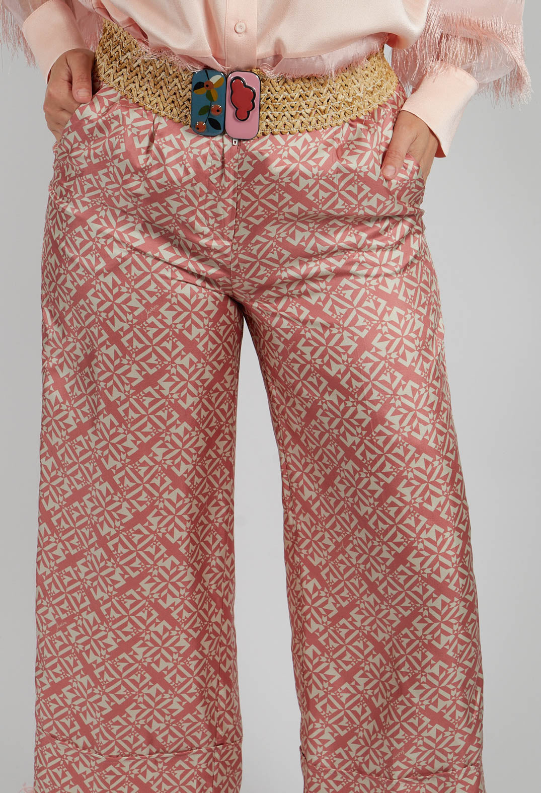 Silk Twill Trousers in Pink Geometric Print