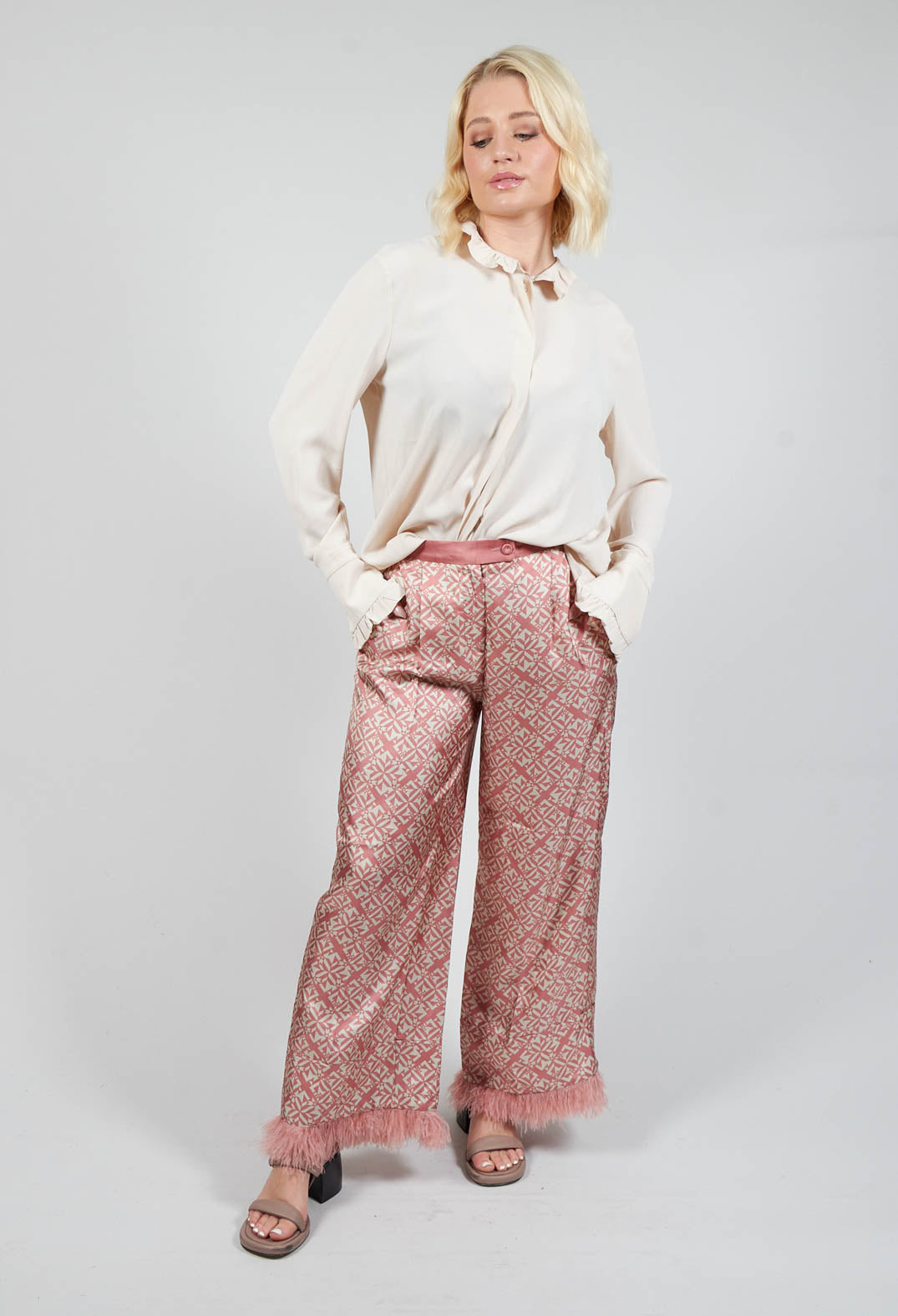 Silk Twill Trousers in Pink Geometric Print