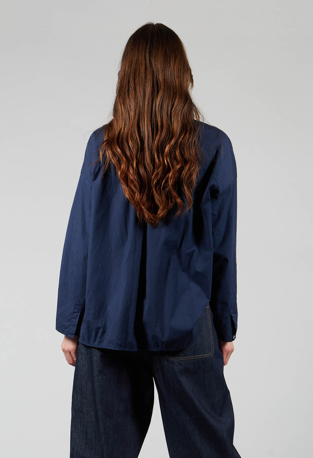 Half Button Through Shirt with Stand Collar in Dark Blue