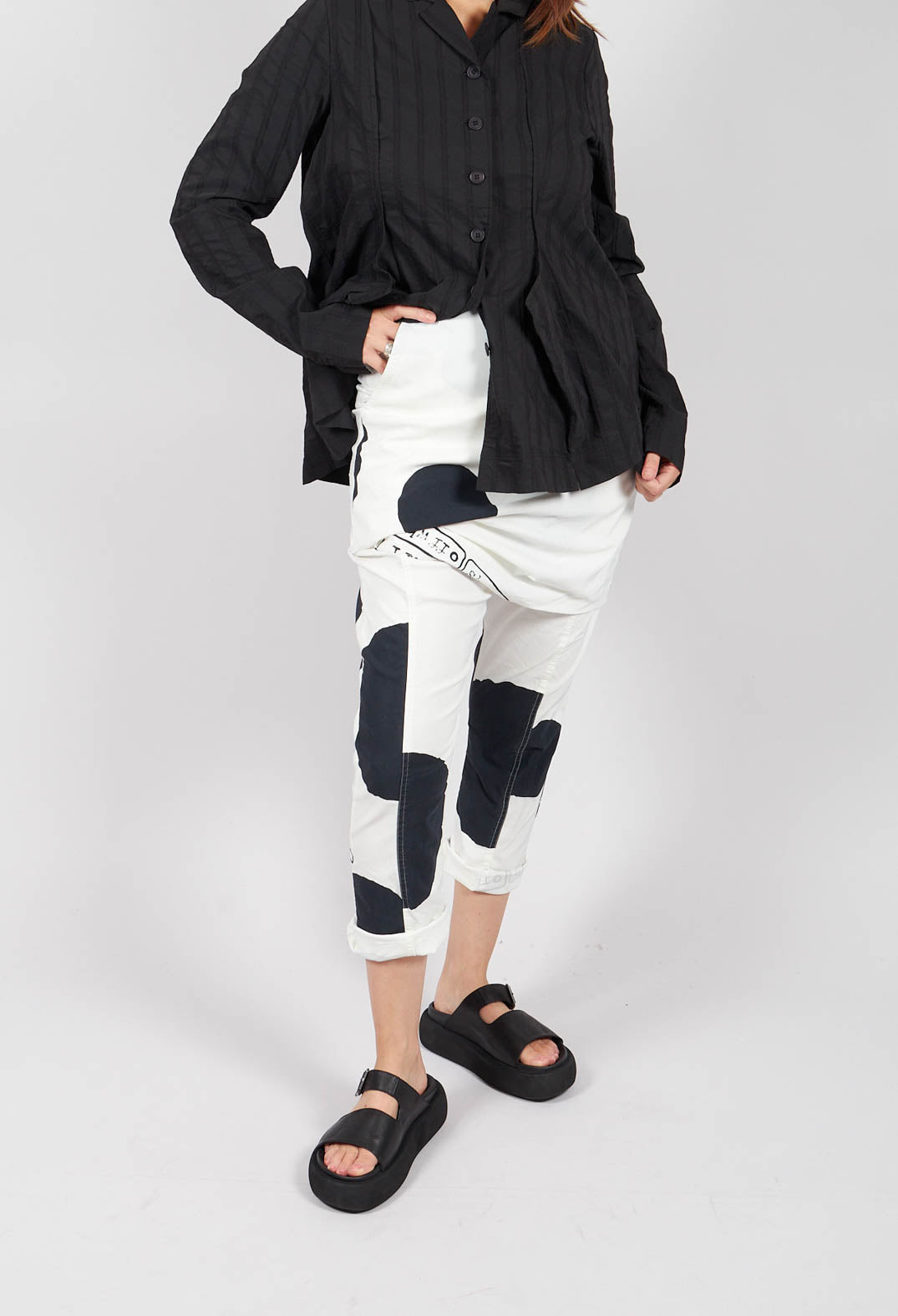 Trousers with Front Overlay in Black Print