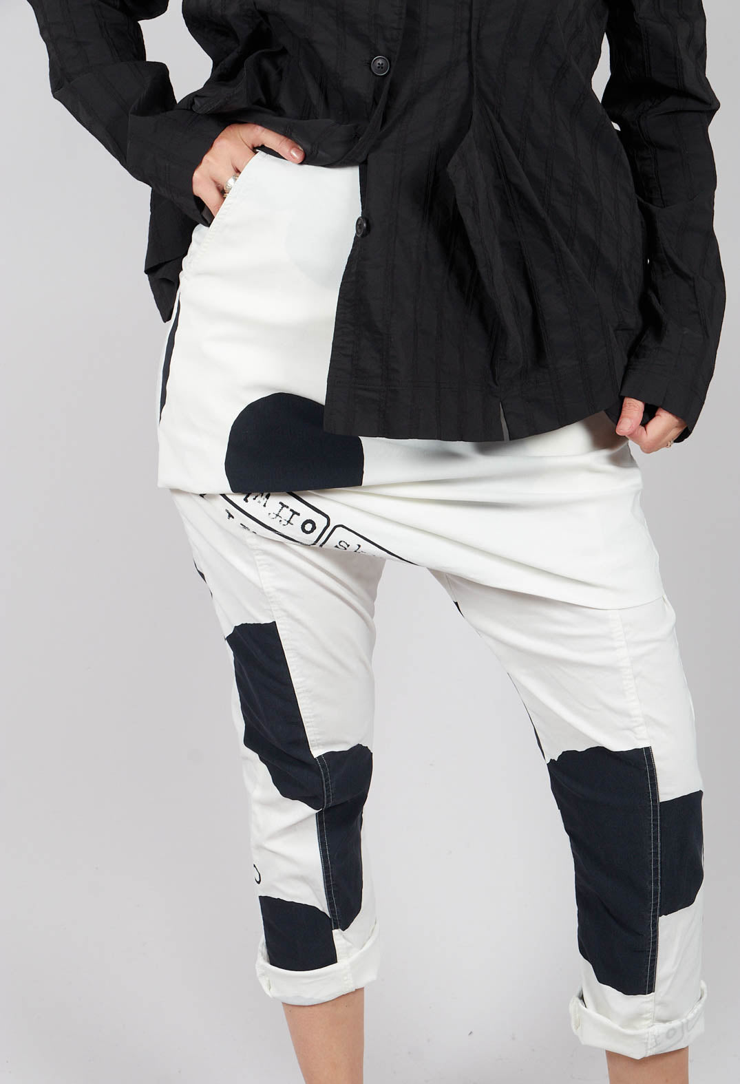 Trousers with Front Overlay in Black Print