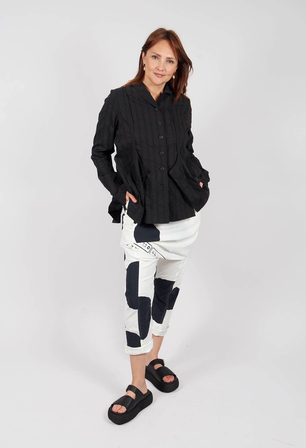 Trousers with Front Overlay in Black Print