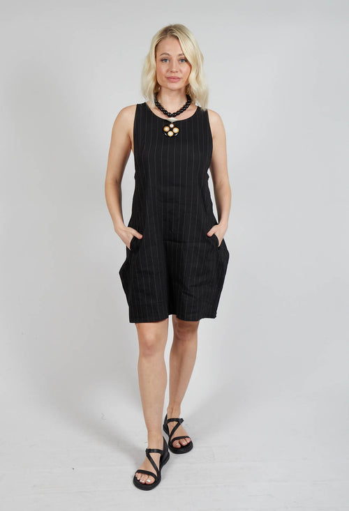 Short Pinstripe Dress with Elasticated Belt in Black
