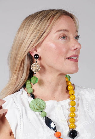 Gold Flower Earrings with Pendant Drop in Green