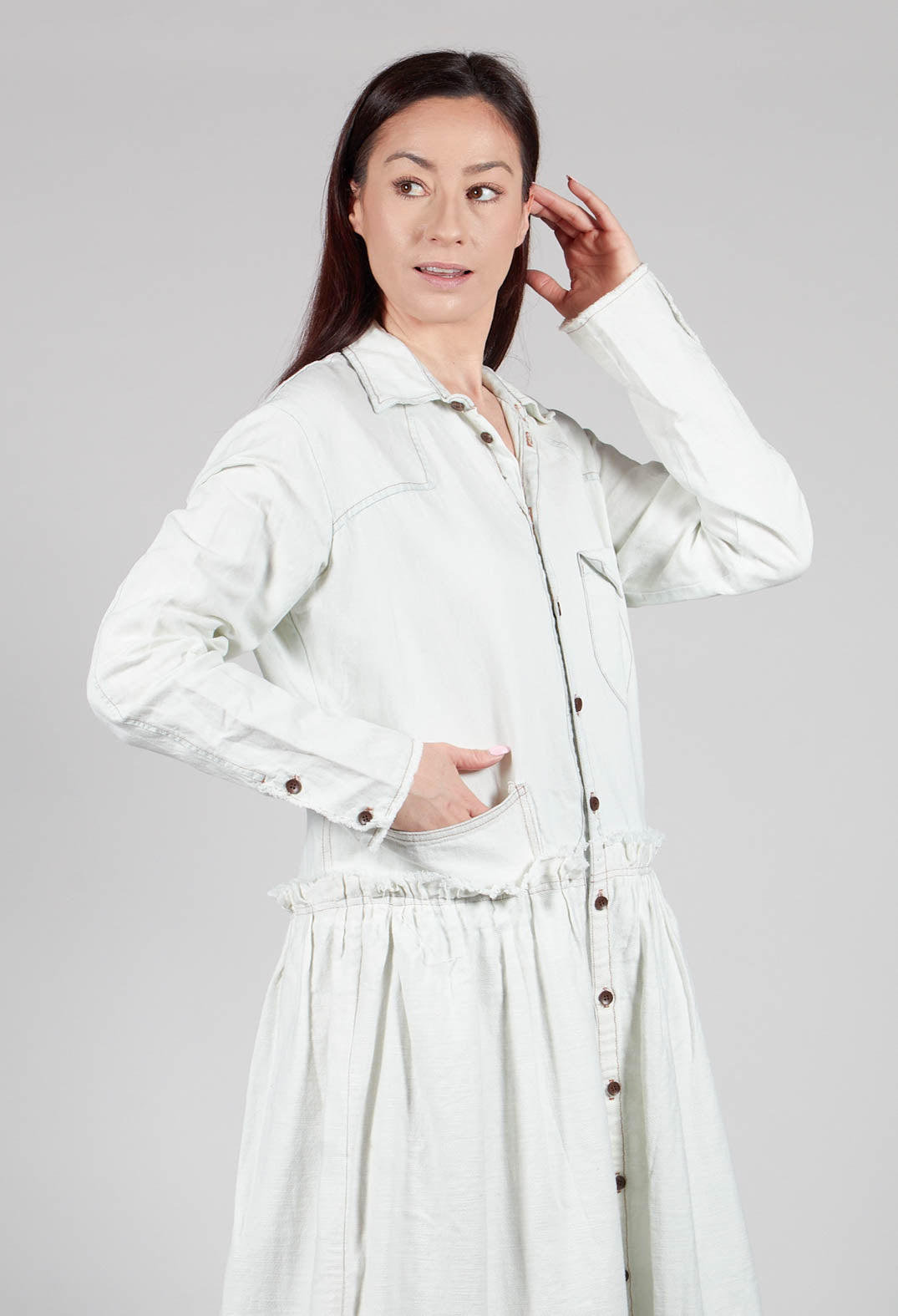 Longline Shirt Dress in Off White and Blue