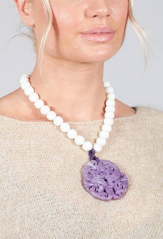 Large Beaded Necklace with Dragon Pendant in White and Purple