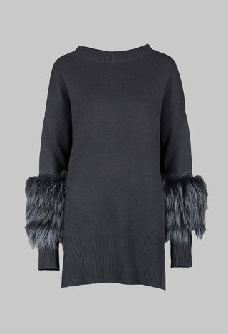 Cashmere Jumper with Fur Trim Sleeves in Volcanic Rock Grey