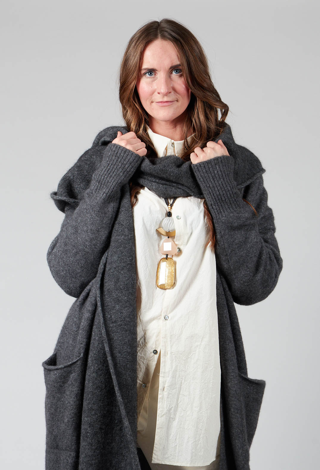 Cashmere Long Length Cardigan in Graphite