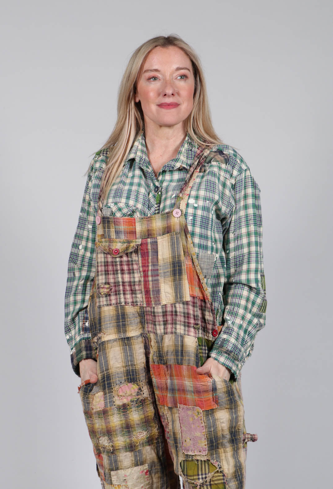 YD Patchwork Love Overalls in Madras Green