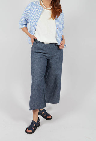 Wide Leg Linen Trousers in Blue Denim