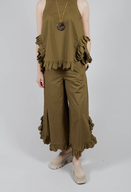 Frill Wide Leg Trousers in Avocado
