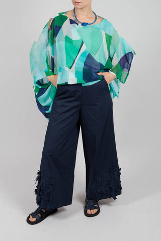 Fabric Embellished Hemmed Trousers in Navy