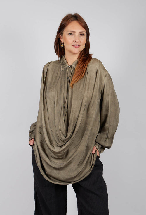 Ruched Shirt Dress in Raso di Viscosa and Viscosa Seta Green Tuscany