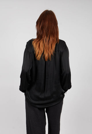 Ruched Shirt Dress in Raso di Viscosa and Viscosa Seta Nero