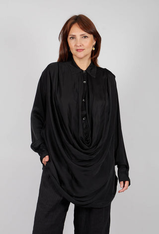 Ruched Shirt Dress in Raso di Viscosa and Viscosa Seta Nero