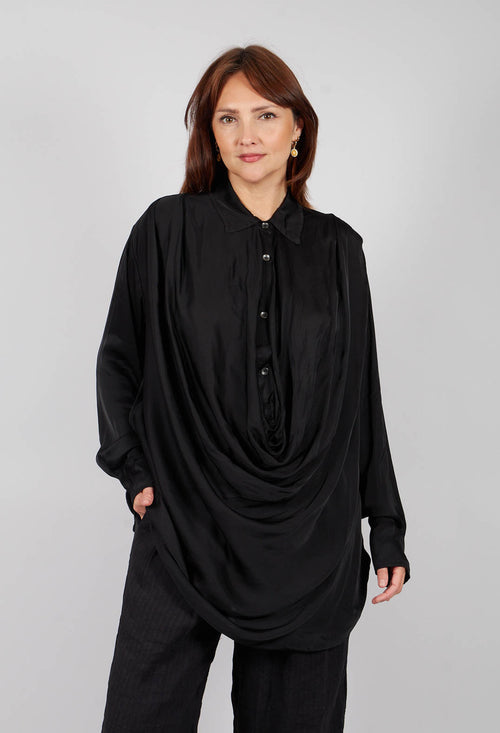 Ruched Shirt Dress in Raso di Viscosa and Viscosa Seta Nero