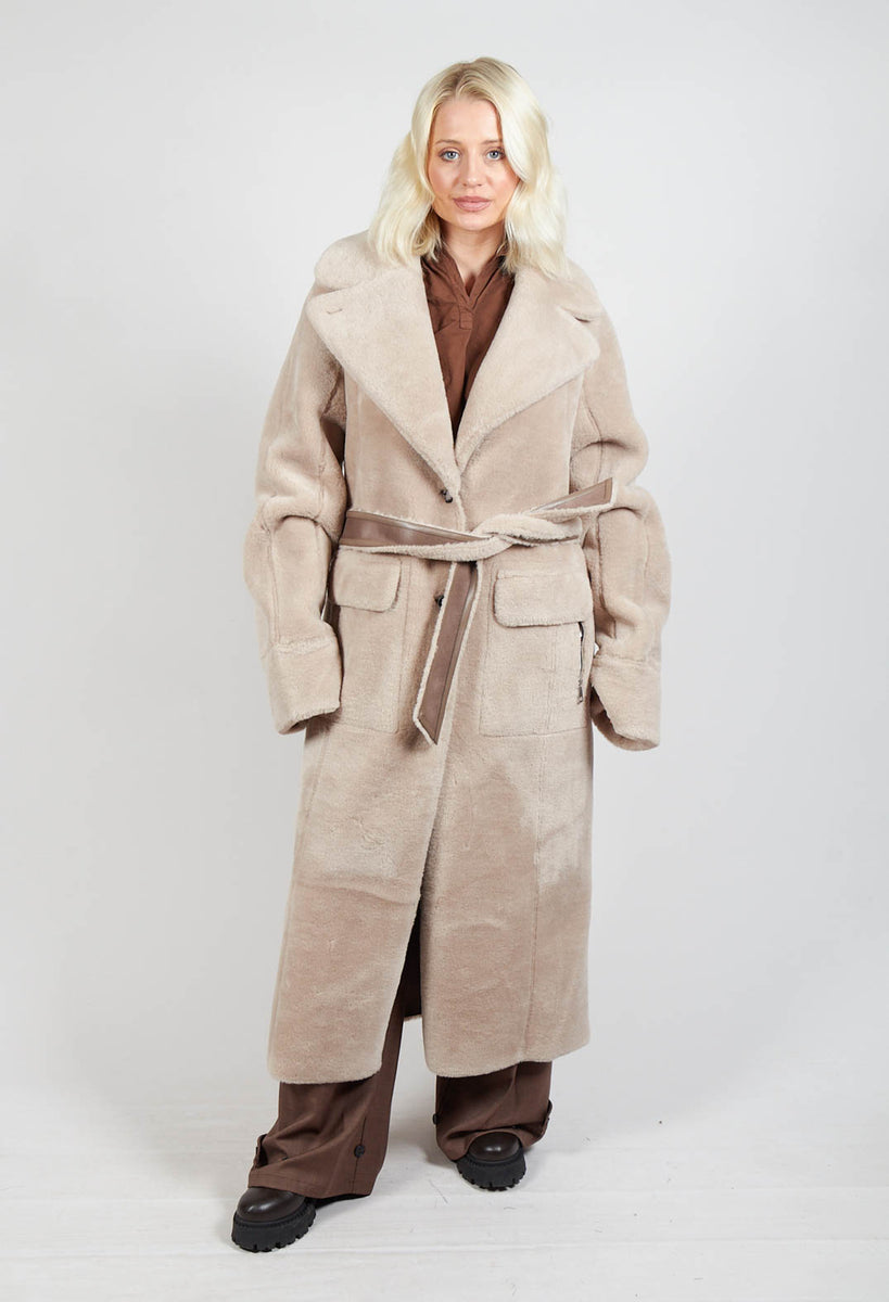 Reversible Longline Faux Fur Coat in Taupe Olivia May