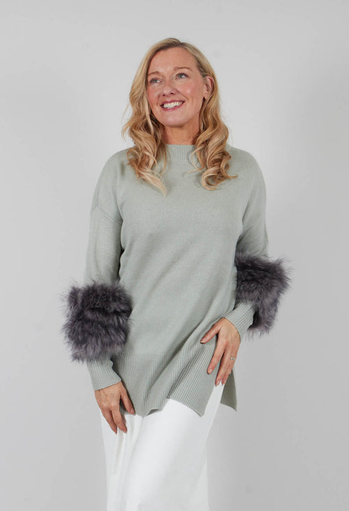 Wool Jumper with Sheepskin trim Sleeves in Peridot