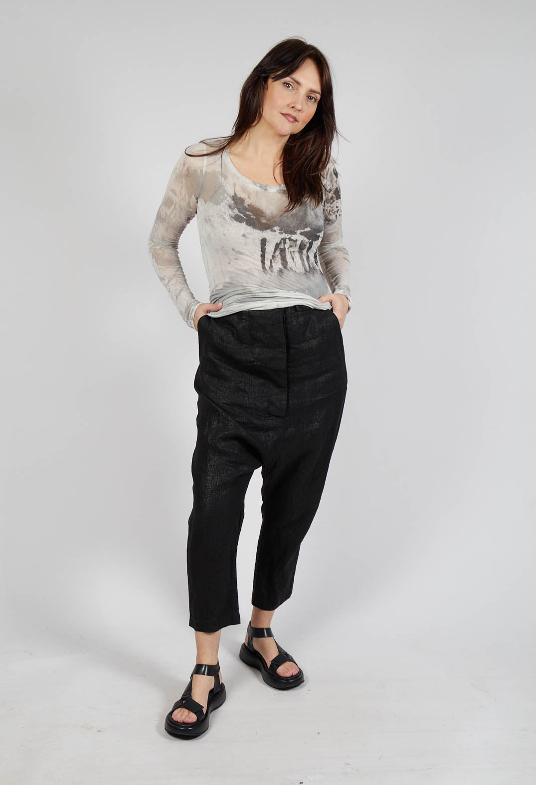 Linen Drop Crotch Trousers in Black Sparkle