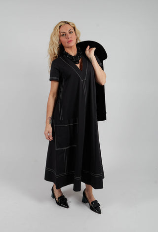 Contrast Stitch Detail Long Dress in Black