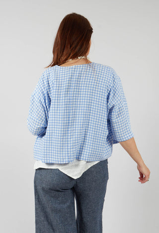 Button Through Check Blouse in Sky