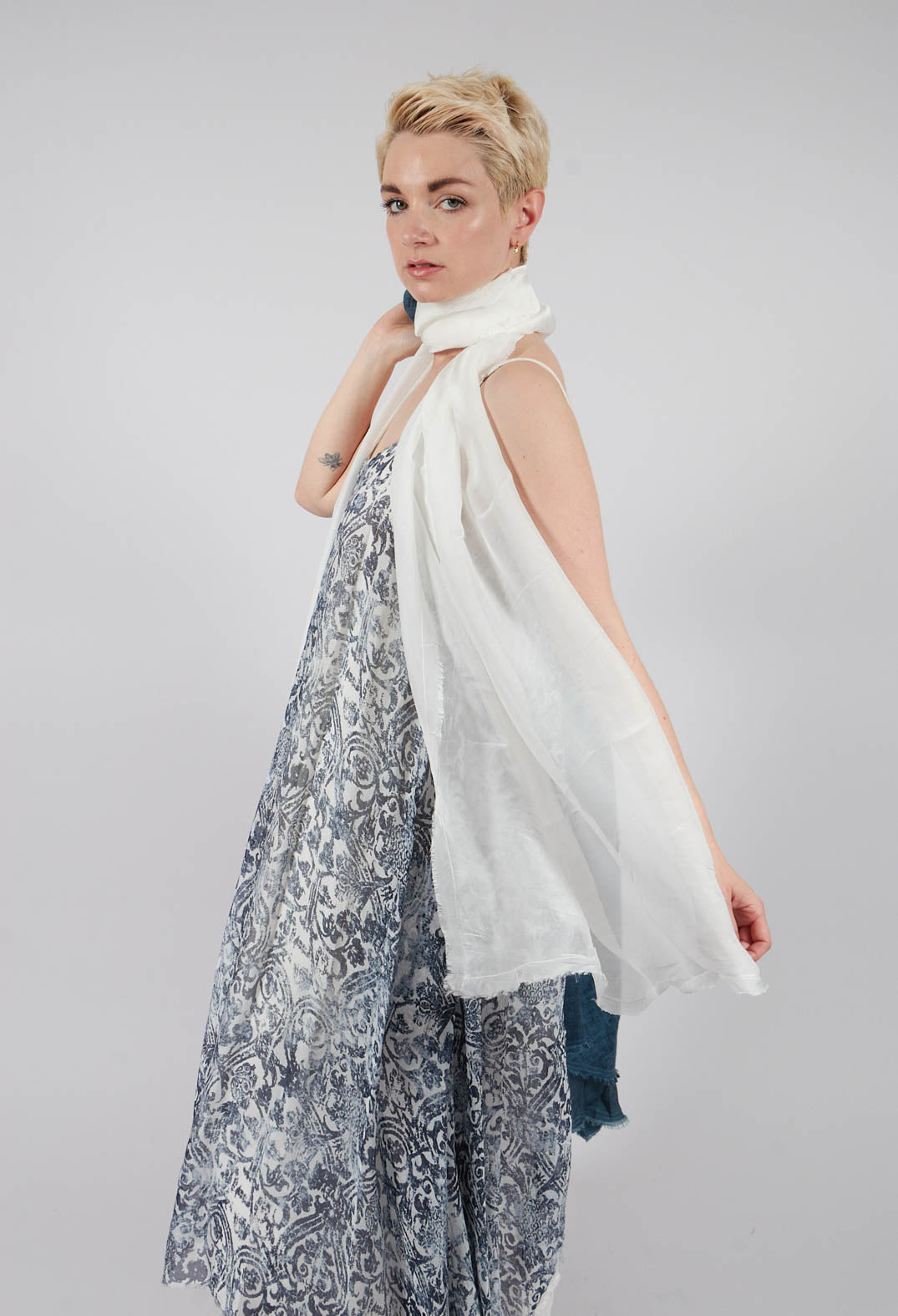 Long Dress with Asymmetric Hem in Antique White Print
