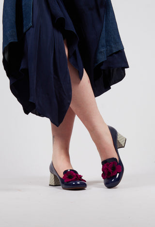 Mukai Flower Block Heel in Navy