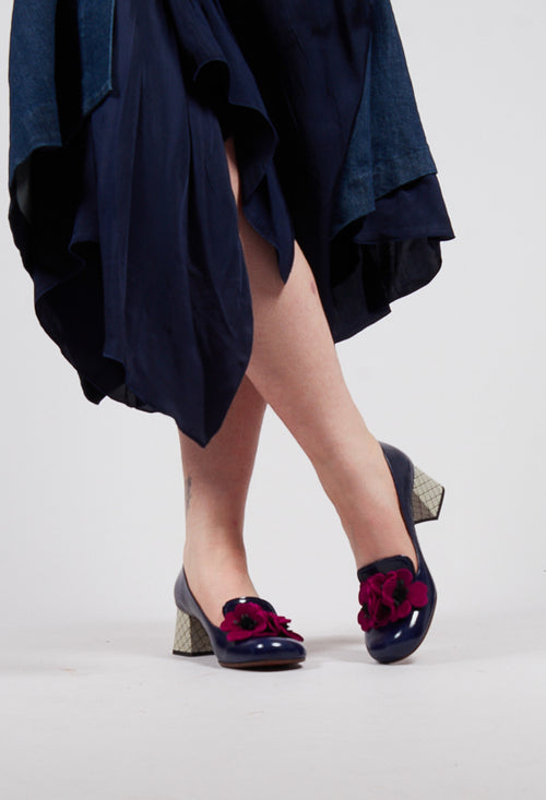 Mukai Flower Block Heel in Navy