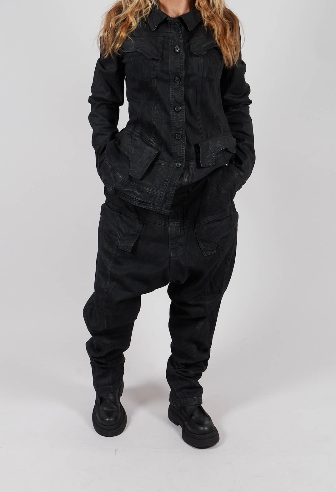 Drop Crotch Trousers with Pockets in Black Gloss - 1030107
