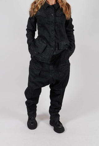 Drop Crotch Trousers with Pockets in Black Gloss - 1030107