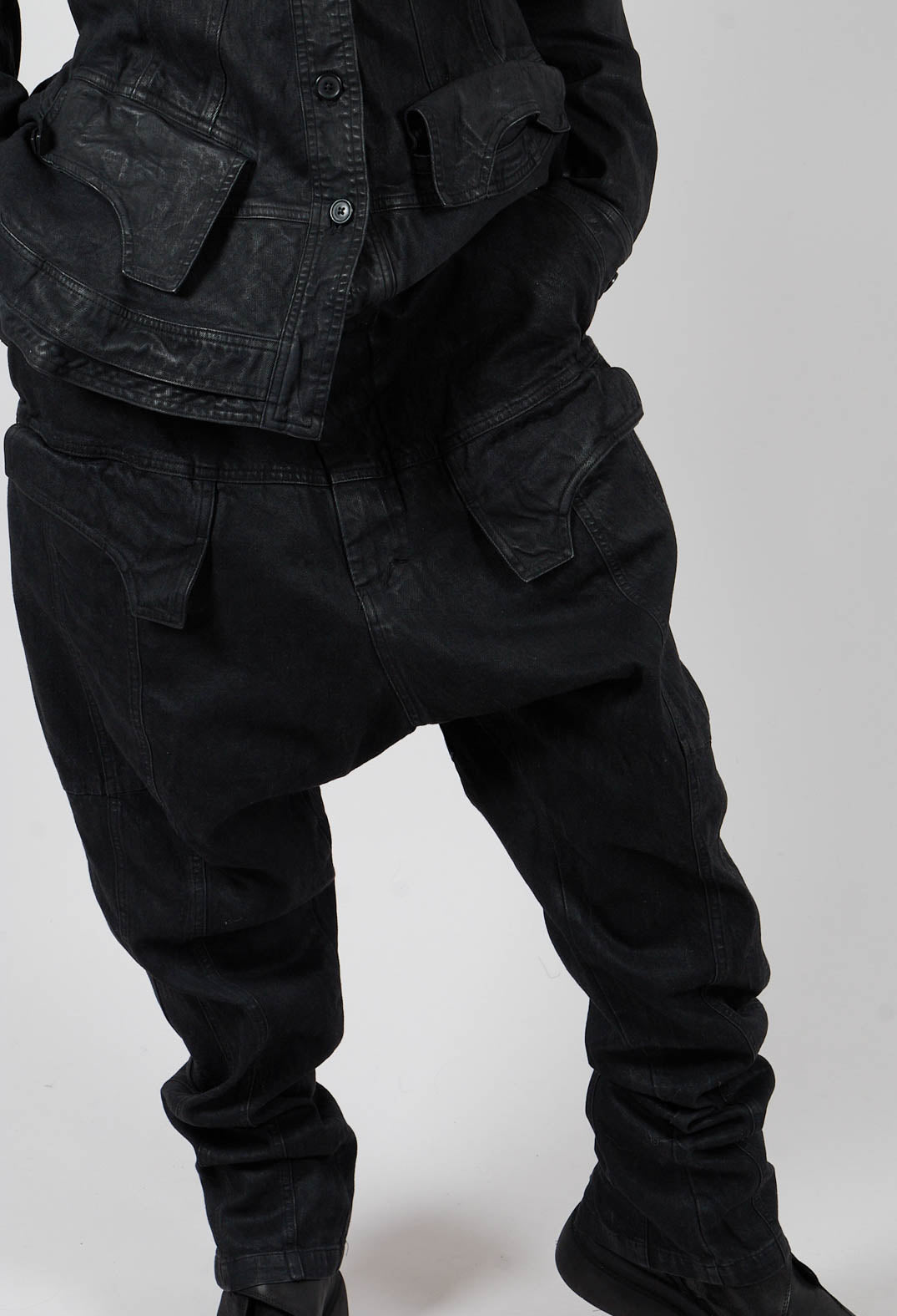 Drop Crotch Trousers with Pockets in Black Gloss - 1030107