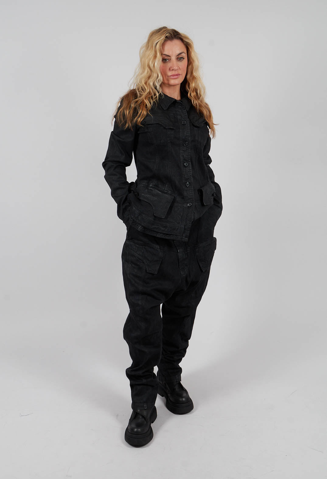 Drop Crotch Trousers with Pockets in Black Gloss - 1030107