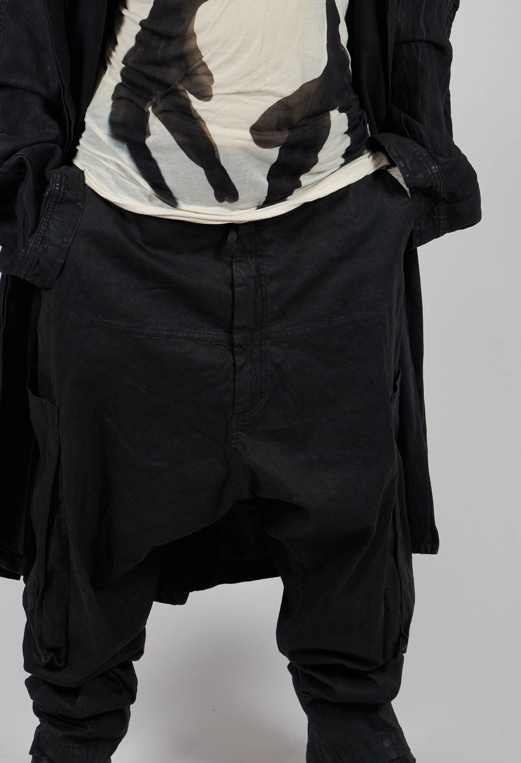 Drop Crotch Trousers with Belt in Black Gloss - 1070103