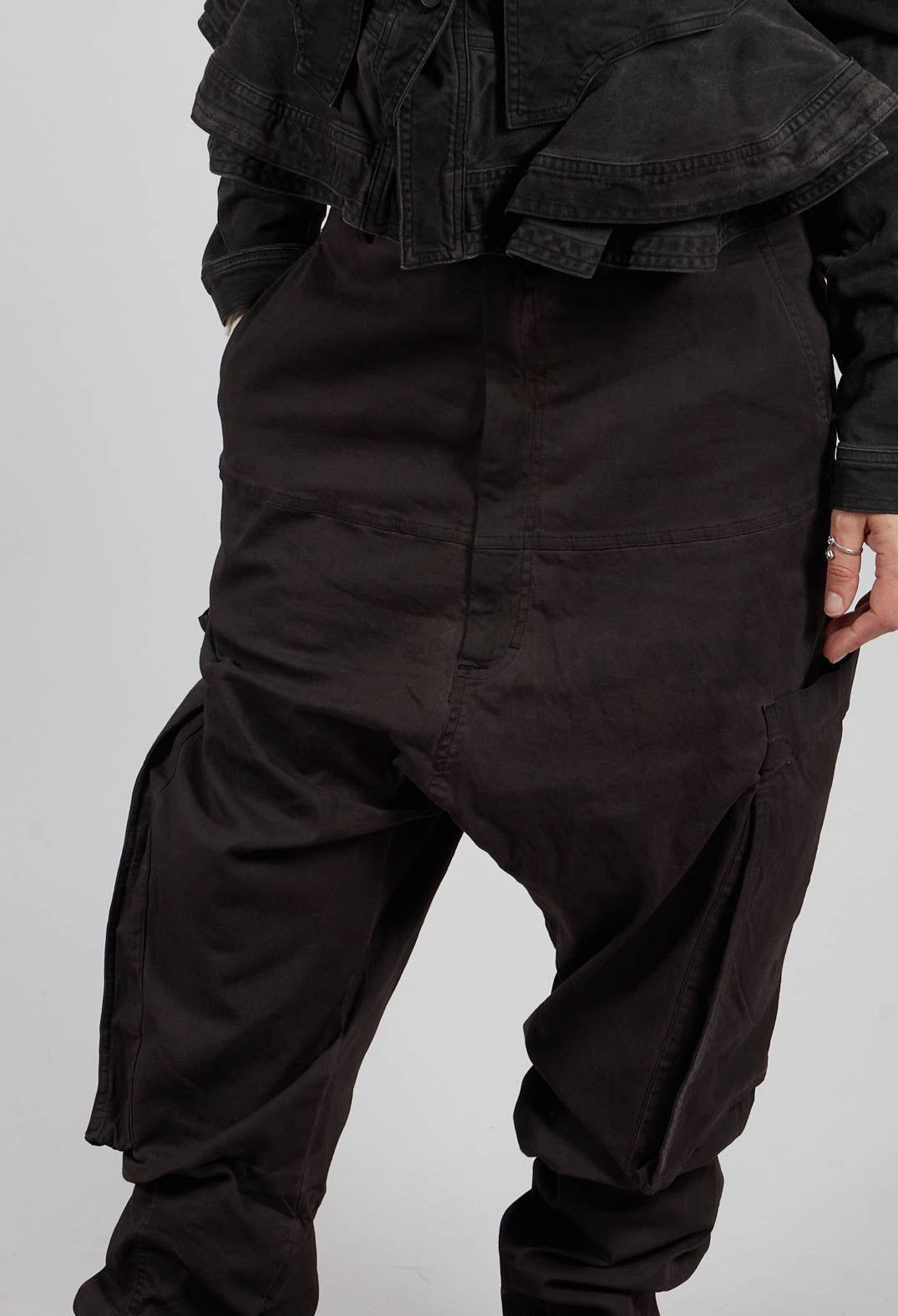 Drop Crotch Trousers with Belt in Turf Wash - 1070103