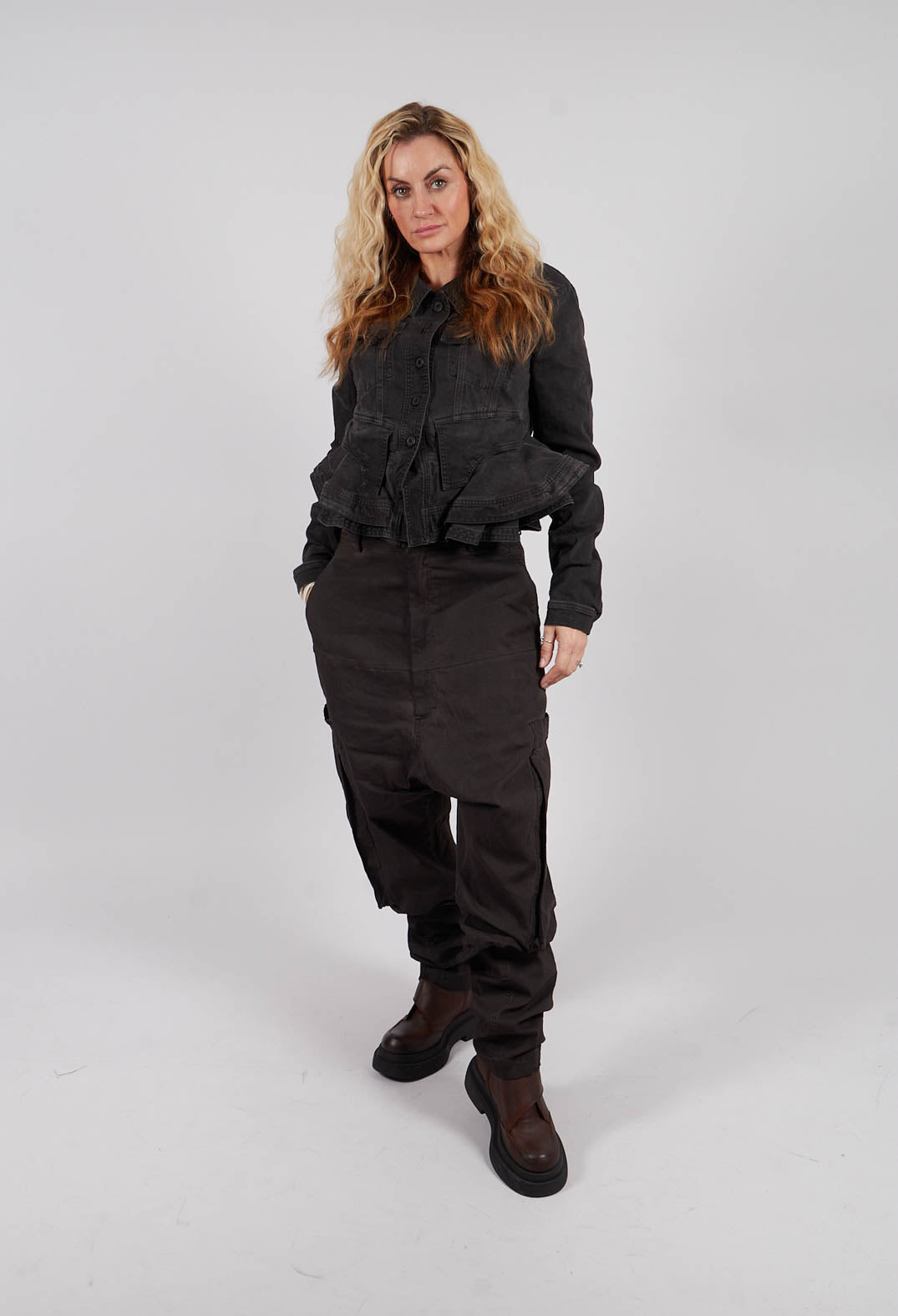 Drop Crotch Trousers with Belt in Turf Wash - 1070103