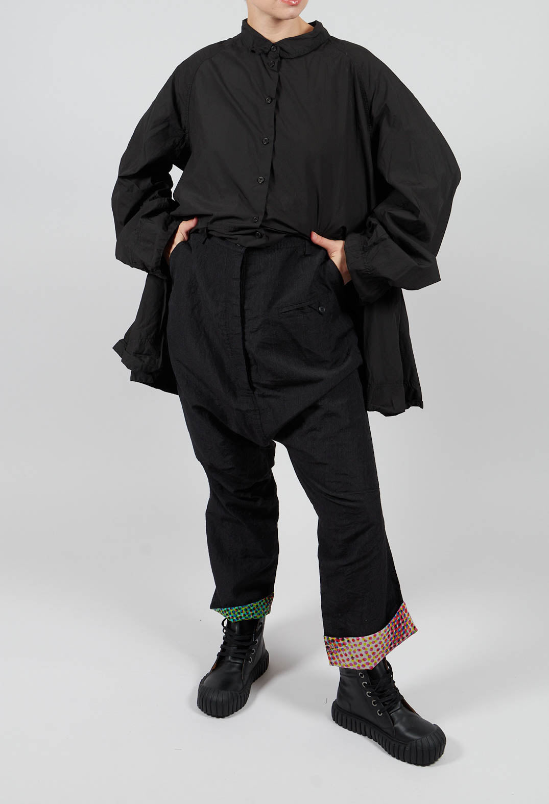 Drop Crotch Trousers with Contrasting Turn-Up in Black Mel - 2630101