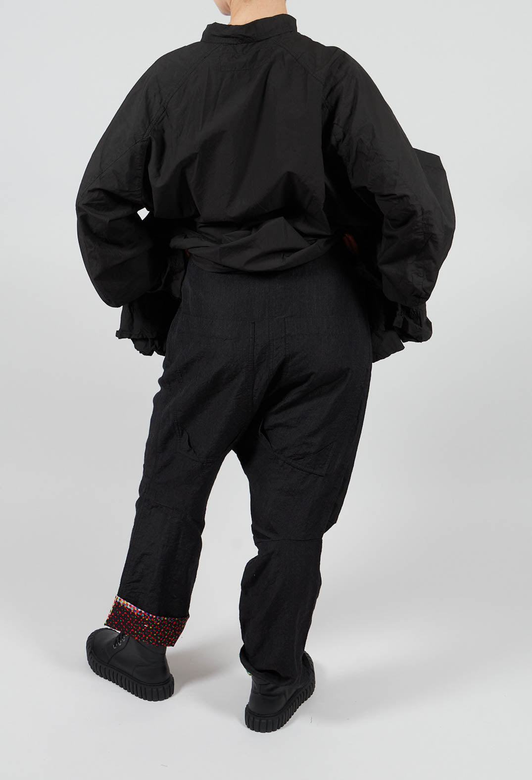 Drop Crotch Trousers with Contrasting Turn-Up in Black Mel - 2630101