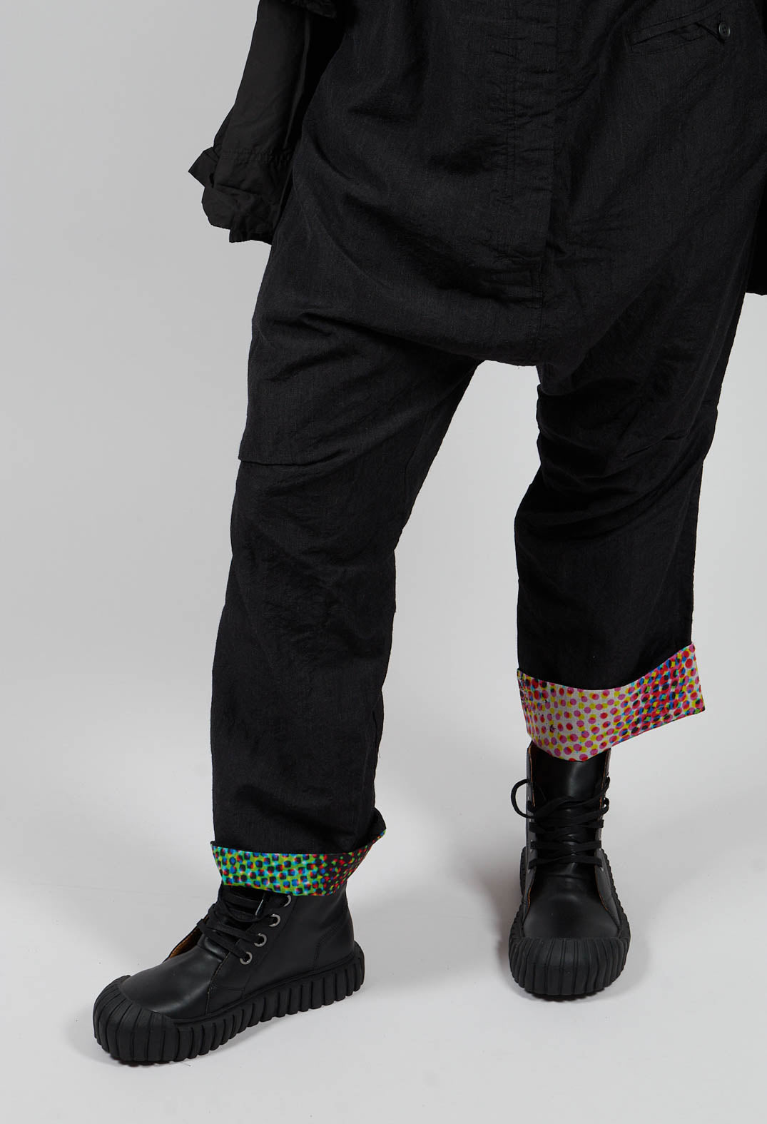 Drop Crotch Trousers with Contrasting Turn-Up in Black Mel - 2630101